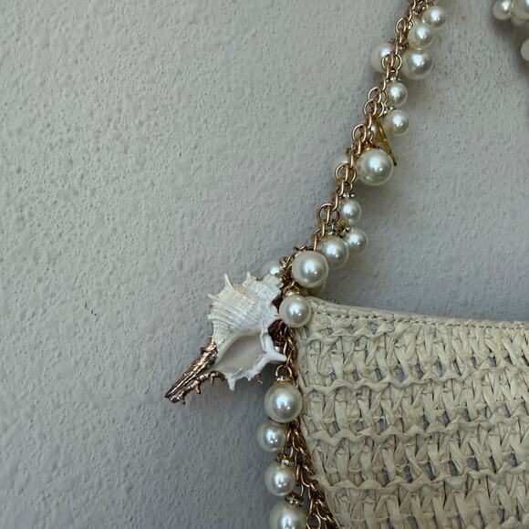 SOLD!!! Straw Pearl Seashell Embellished Resortwear Shoulder Bag - Picture 3 of 5